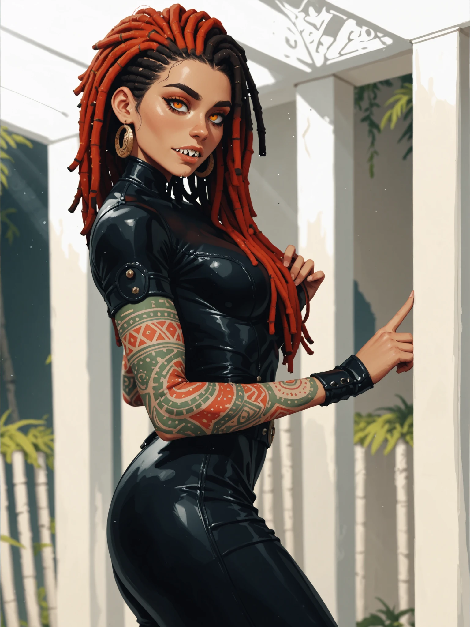 Meisterwerk, hd , great quality, very aesthetic, absurd, high contrast , high color palette , light glare ,neueste,2.5D,volumetric lighting, Sweet, jung, 1 girl, asiatisch, Mongol girl, round face, slanted eyes, big eyes, asian girl, dripping slime skin, rote Augen, Asian eyes, normal breasts, soft abs, rote Augen, Albino, white strands, ATHLETIC BODY, aztekisch, leather clothing, attentive, curious, looks at the viewer, Dreadlocks, sharp teeth, Hintergrund: jungle and Aztec ruins, looks at the viewer, looks like a young Jennifer Lawrence