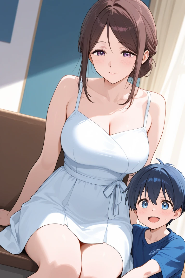 Sexy tall mom with young boy (Best Quality, 8k, 32k, Masterpiece, UHD:1.3), (Photo of Attractive Japanese Woman with small nine years old son ), 1 Girl with 1boy, (super huge Boobs squeezing small son :1.2), (short wavy hair), Abs, Perfect Body, Ultra Detailed Face, Detailed Lips, Fine Eyes, double eyelids, pajamas, on the bed, (seductive), ((aroused:1.5)), ((areolae slip)), mom seducing and touching young son