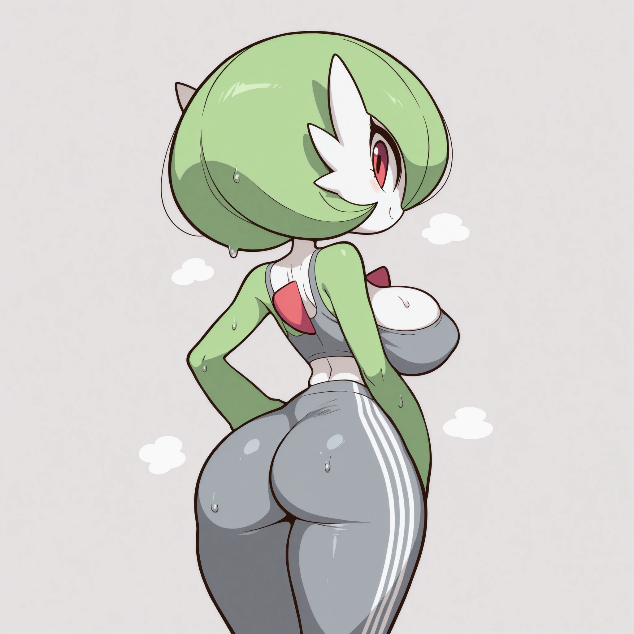 masterpiece, best quality, amazing quality, very aesthetic, absurdres, high res, shiny skin, diives, 1girl, solo, anthro furry, pokemon (creature), gardevoir, big breasts, narrow waist, wide hips, thick thighs, gray crop top, cleavage, gray leggings, blushed, smile, cute, sweaty, hand on hips, standing, looking at viewer, simple background, from behind view, ass