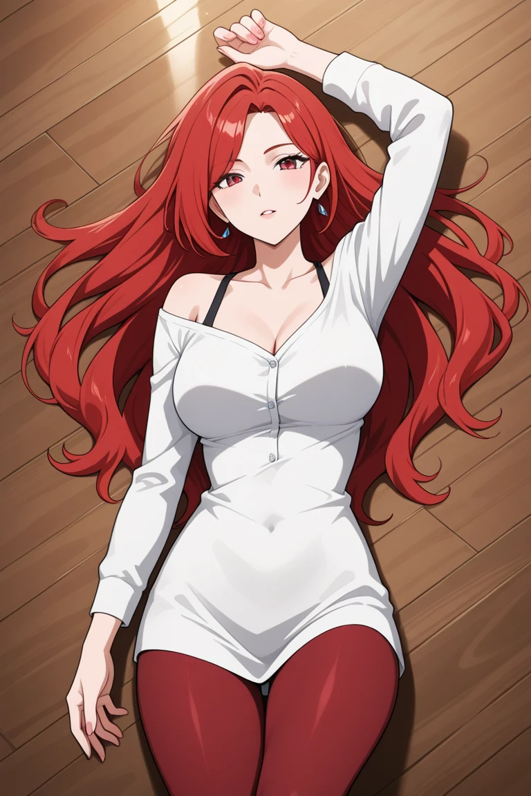 (masterpiece, best quality:1.2), solo, 1girl, parted lips, looking at viewer, long hair, red hair, twintails, yellow eyes, white sweater, sweater dress, sleeveless, bare legs, large breasts