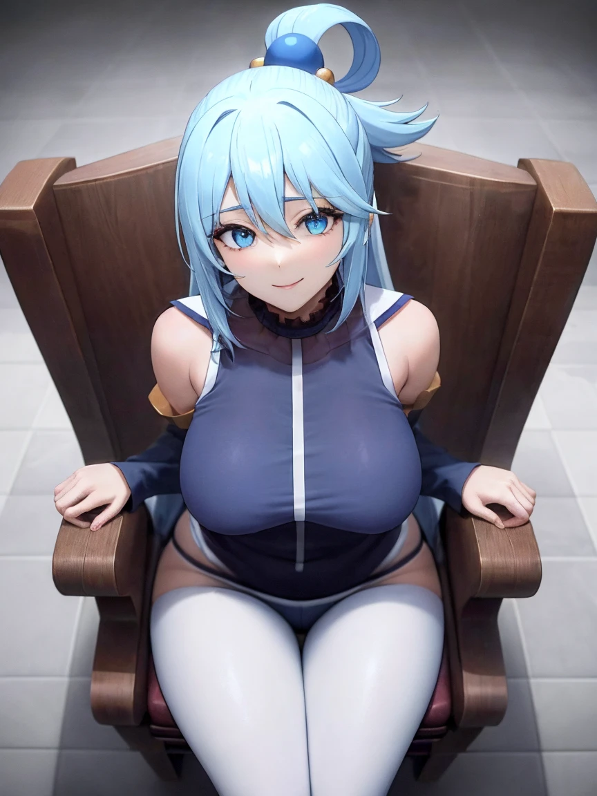 ((cyborg chilgantic breasts, easts, blue hah arms behind her head, sitting at a table with a penis between her open face with a cute smile, very short,
