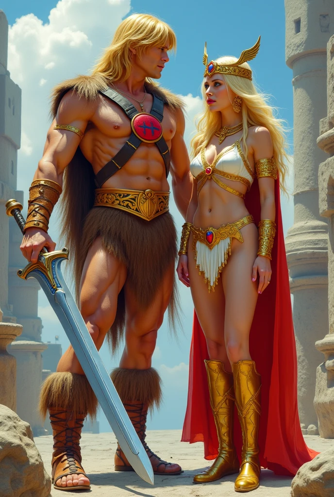 Couple together, Anna Nicole Smith, beautiful, completely naked, sitting down on the ground on her knees, long earrings, butt visible and, Conan the barbarian , handsome, long straight nose, robust, standing. tall, long hair tied in a bun, stubble beard, shirtless, bearskin sarong, boots, long sword, full body image, ruins in background, fog, back view , photorealistic, high resolution