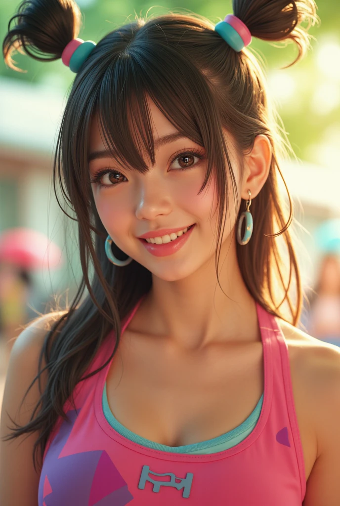 Racing queen, grid girl, skirt, sleeveless, masterpiece , best quality , detailed , Bangs , Miss , Smile
