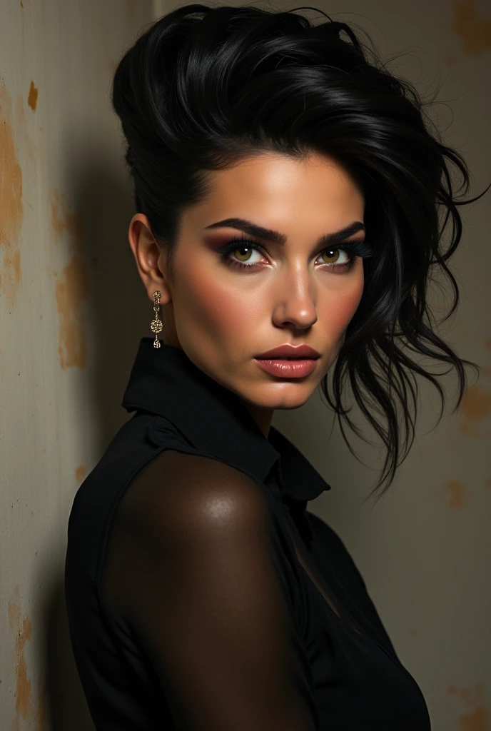 Latina girl with white skin, short hair, blue eyes and tattoos dressed elegantly in a restaurant