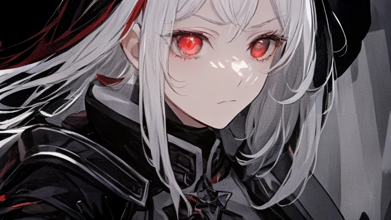 Teen Girl Characters。gray hair color、Glowing red eyes、Long Hair、There is a mole under the left eye。Without background、Depict only one person