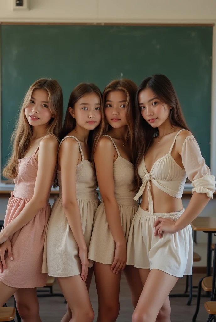 (photorealism:1.2), 4 beautiful young school girls, wearing sexy lingerie, European blonde and brunette straight hair, indoors in pink school classroom, all sitting sexy on their pink desks and listening to the class, realistic, intricate details