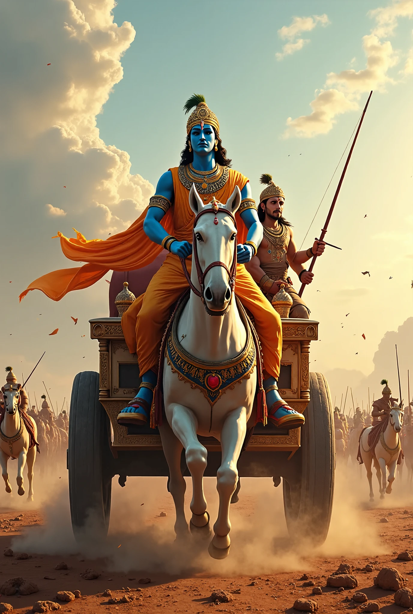 Lord Krishna as the Charioteer: Depict Lord Krishna as Arjuna's charioteer, sitting calmly, holding the reins of the horses, ready to give advice.