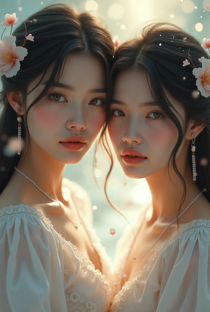 1个Giant Breast Girl，Full body photo，black color hair，floated hair，Hazy beauty，Extremely beautiful facial features，White embroidered dress，with a hairpin on her head，Lying in the flowers，The hand dragged the chin，perfect hand，White flowers，（springtime， rainy days， terraced， mountain ranges）， Simple vector art， Contemporary Chinese art，  the soft light， Tangled scarves，Overlooking，（big breasts exposed cleavage）