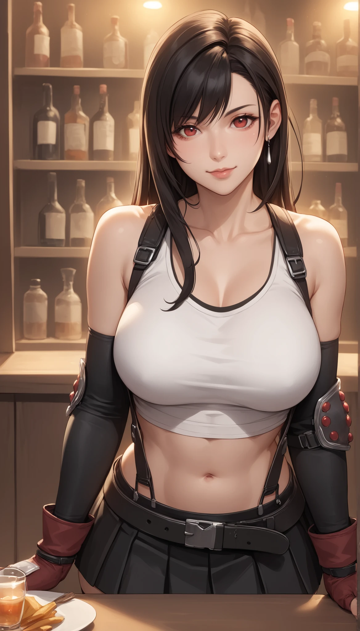 Izayoi Seishin artstyle, (score_9, score_8_up, score_7_up), (best quality, masterpiece),perfect anatomy,(aesthetic,very aesthetic),official style, (ultra-high resolution), 1girl, tifa lockhart, final fantasy,(beautiful woman).tareme, black hair, low-tied long hair, red eyes, bangs, white tank top,gap, belt, pleated skirt, thighhighs, elbow fingerless gloves, elbow pads, midriff, navel,suspender skirt.zettai ryouiki ,(front view),straight-on,(large_breasts:1.2),Solo,mediumshot,looking_at_viewer,contrapposto, vibrant, joyful,cafe and bar, ,Framin,(,tanktop lift),