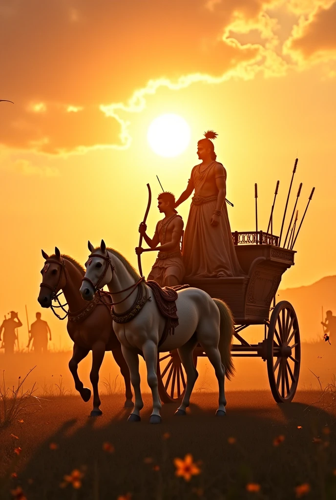 Depict Arjuna standing in his chariot on the battlefield, with a troubled and conflicted expression as he gazes at the opposing army. The scene should emphasize his deep moral dilemma, with a focus on his anguished face and tense posture. Surrounding him, faint, shadowy figures of the Kauravas (the sons of Dhritarashtra) should appear, symbolizing the ‘aggressors’ he is reluctant to fight. The background should be a mix of dark, stormy skies and an eerie calm, highlighting the tension between duty and morality. Krishna, beside Arjuna, should have a compassionate and understanding expression, subtly guiding Arjuna through this inner conflict. The overall atmosphere should convey a sense of impending doom and the heavy burden of making a righteous decision.