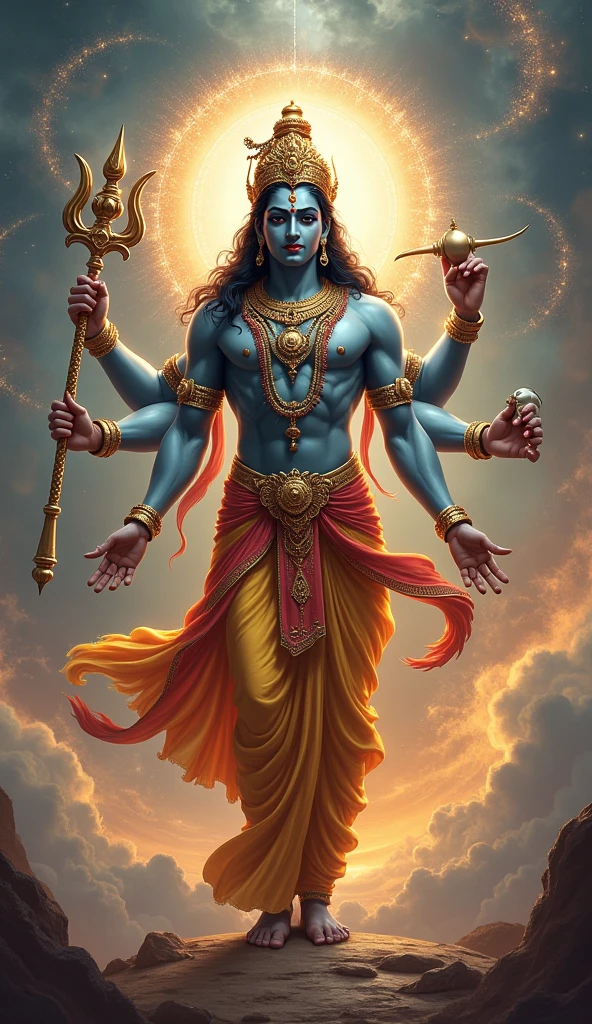 Create a photo of chatur bhuj avtar shree krishna
With black background
Body and skin looks like a real person
Weapons in the hands
Size of krishan is some small