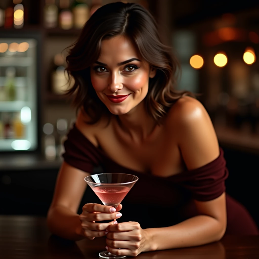 Create an image of a realistic woman holding a shiny pearlescent pink drink. She must be smiling and in a sophisticated environment, like a stylish bar or lounge. Details like soft lighting, reflections in the drink and a background that complements the scene are important to give a touch of realism and refinement to the image.