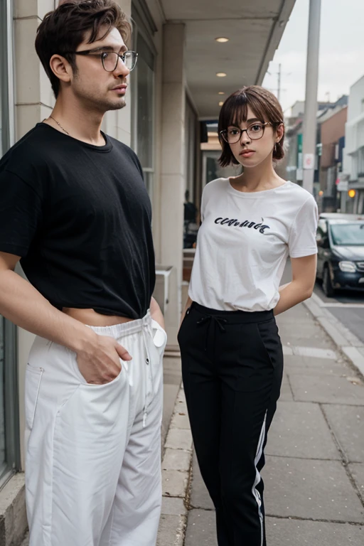 Couple,holding hands staring at each other,Chico ,curly hair, Casual clothes, wide pants and girl, short hair , baggy clothes,riding a skateboard, happy, anime, estilo honjai star rail, 