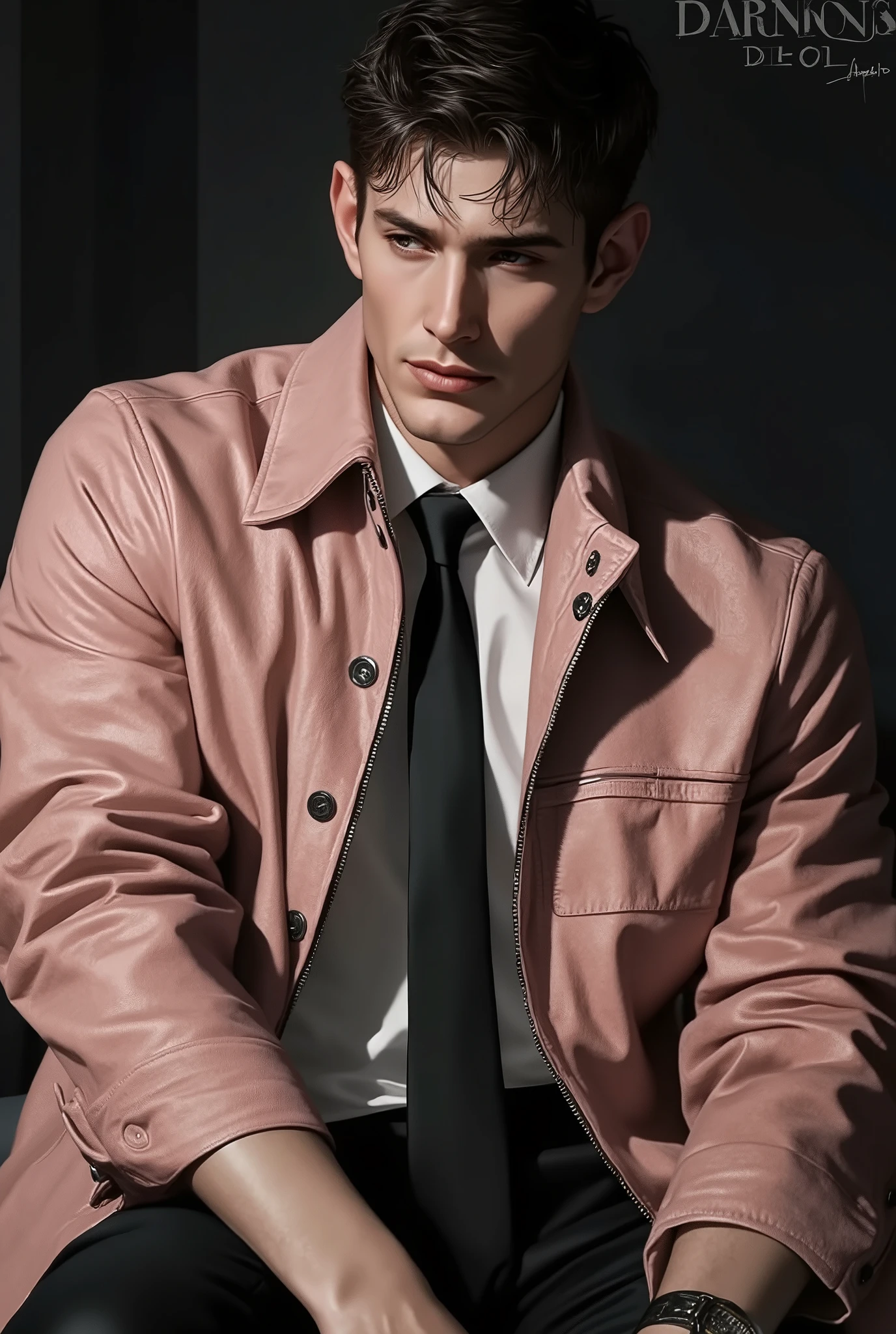 First person point of view, A handsome young man with short brunette hair, hazel eyes, On the bed, Sit-up position, wearing: The upper part of the outfit consists of a sharp mix of rugged and refined elements: a soft pink suede wrinkled zip-up jacket layered over a classic white dress shirt slightly open and a loose black tie. The contrast between the rugged texture of the jacket and the formality of the shirt-and-tie combo gives it a bold, fashion-forward edge with a touch of street-smart sophistication (masterpiece: 1.2), (best quality: 1.2), (very aesthetic: 1.2), (absurdres: 1.2), (detailed clothes: 1.2), (detailed eyes: 1.2), (EyesHD: 1.2), newest, intricate details, dark lighting, dramatic atmosphere, slightly high angle, chiseled .