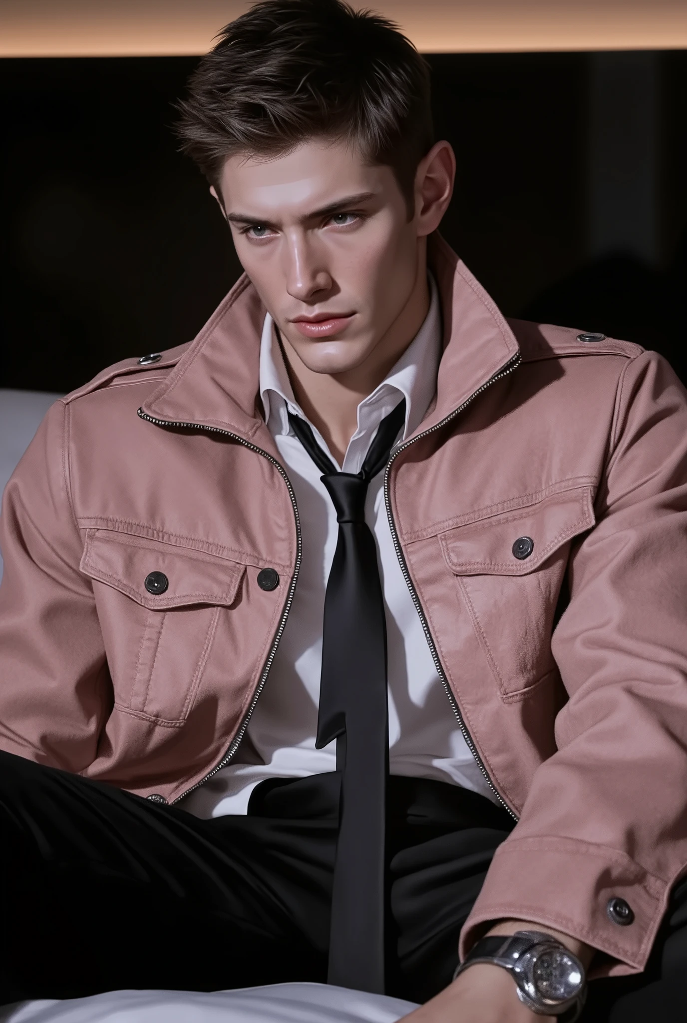 First person point of view, A handsome young man with short brunette hair, hazel eyes, On the bed, Sit-up position, wearing: The upper part of the outfit consists of a sharp mix of rugged and refined elements: a soft pink suede wrinkled zip-up jacket layered over a classic white dress shirt slightly open and a loose black tie. The contrast between the rugged texture of the jacket and the formality of the shirt-and-tie combo gives it a bold, fashion-forward edge with a touch of street-smart sophistication (masterpiece: 1.2), (best quality: 1.2), (very aesthetic: 1.2), (absurdres: 1.2), (detailed clothes: 1.2), (detailed eyes: 1.2), (EyesHD: 1.2), newest, intricate details, dark lighting, dramatic atmosphere, slightly high angle, chiseled .