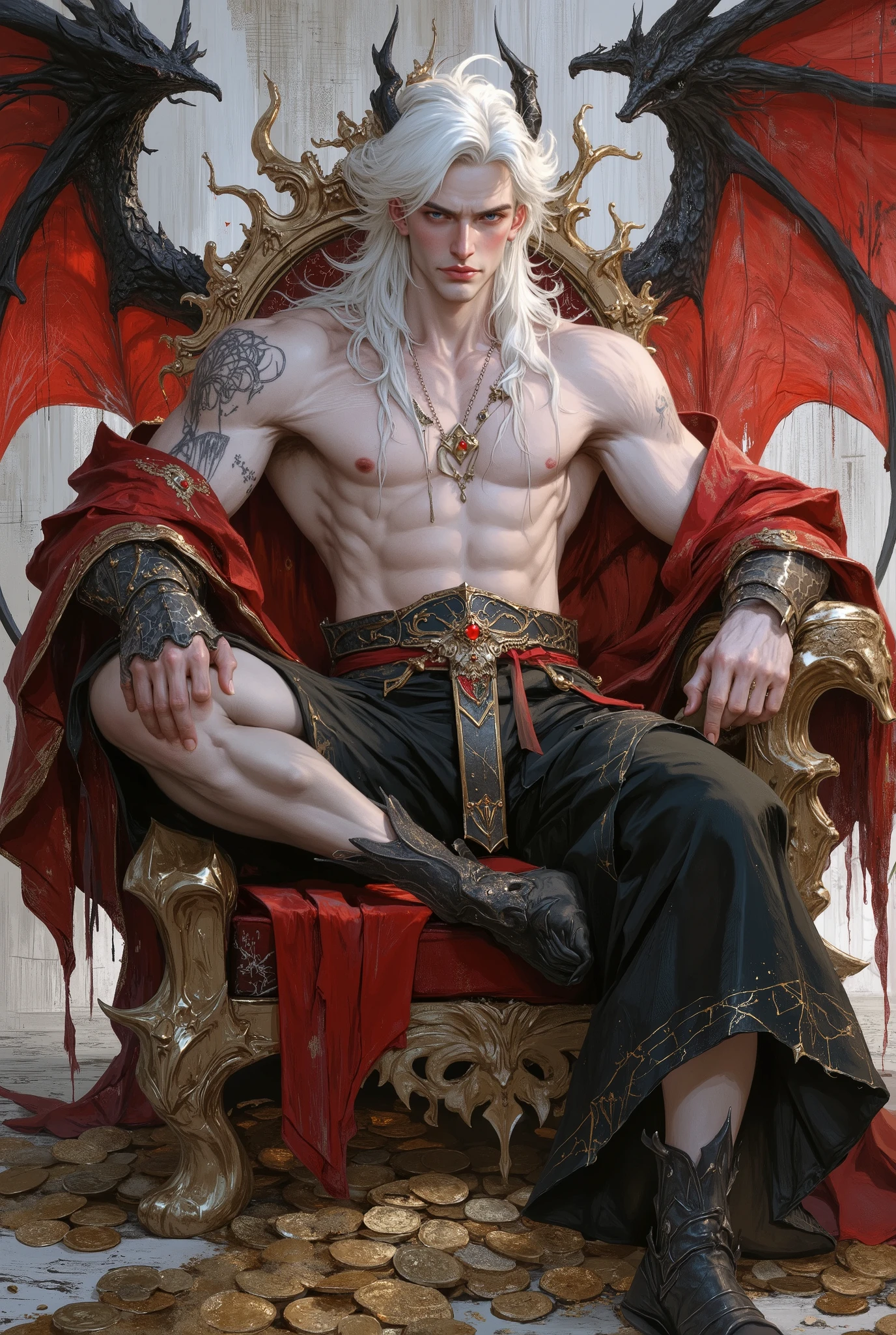 1 male with two hemipenises, Anime illustration semi-realism of Chinese human dragon hybrid male, crooked grin, smirk, semi realistic, shirtless, topless, without shirt, (((without pants, without trousers))), muscular, (((super broad shoulders, broad shoulders, very broad shoulders))), (((smaller waist, slimmer waist))), (((slim jaw, narrow jaw))), slightly muscular body, (((Asian eyes, monolid eyes, slanted eyes, red eyes))), (((long white sideswept hair with bangs fringe))), (((long hair))), (((long white hair))), pretty lips, full lips, (((red eyes))), sleek design, (((smirking))), masculine facial features, detailed face, handsome face, sharp facial features, sitting leaning back on big golden throne on top of gold coins arms on armrest, (((looking at viewer))), dynamic light, (((has big black and red dragon wings))), ((((has two black dragon horns on head)))), (((has one black dragon tail))), (((black pointy jagged armor on hands, black pointy jagged armor on shoulders))), black pointy jagged armor, (((has two hemipenises, has two black scaled hemipenises))), naked, (((naked legs, naked torso))),