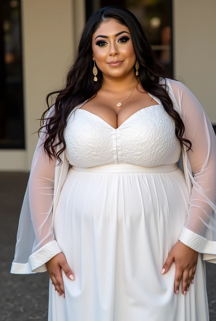 Beautiful Moroccan with dark brown eyes, 28 years old, woman in a white long dress, stylish white long dress, full body view, elegant white long dress, cinema, romantic setting, almond-shaped eyes, oval face shape, plus size body, extra large body, XXL body, prominent cheekbones, naturally wavy hair, high resolution, masterpiece, best quality, complex details, highly detailed, sharpness, detailed skin texture, eye details, profession, 4k resolution, charming smile, shot with Conon, depth of field, kodak vision color, 100kg, extremely detailed, ultra-realistic photography ,photo realistic, post processing, maximum detail, true to life