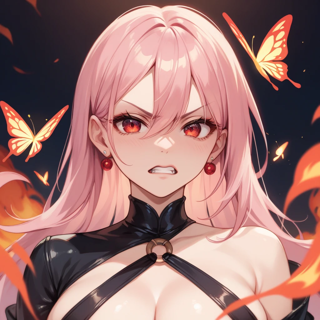 makima \(chainsaw man\), best quality, ultra detailed, 1girl, solo, standing, red hair, long braided hair, golden eyes, bangs, round breasts, wide hips, white shirt, necktie, stare, smile, (evil:1.2), looking at viewer, (interview:1.3), (dark background, chains:1.3), (nude)