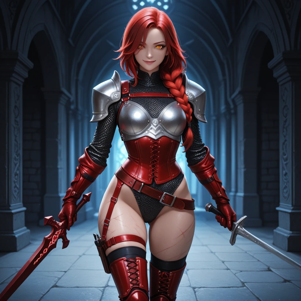 Tall Beautiful Woman ((Sexy)) ((Redhead)) (Armor) ((Sensual)) ((Sexy Pose)) Sample Breasts (((Thick Thighs)) (Sword) ((Diaba)) Tower((Gothic)) ((Well Detailed)) (((High Resolution)) ((High Quantity Image)) (Full HD)