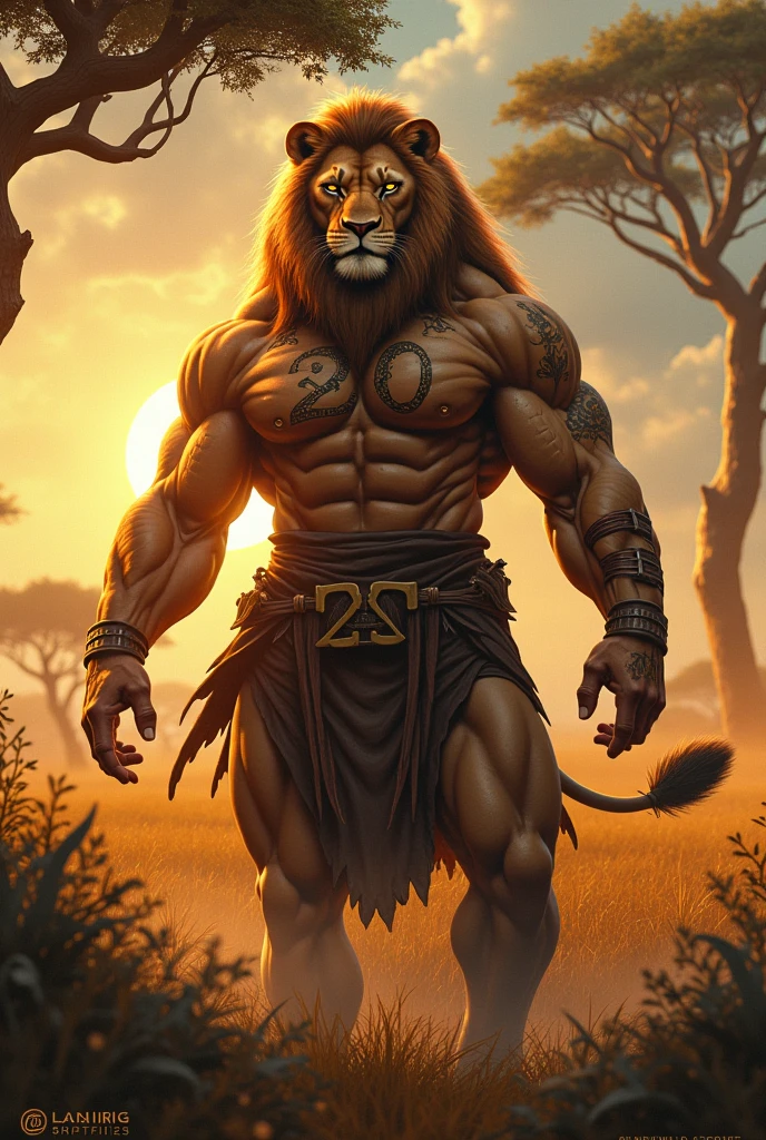There is one adult character on this picture. The character is an adult anthropomorphic male lion, anthropomorphic lion character, athletic character, barefoot, digitigrade, paws, lion tail, the character is topless, bare chest male, bare chested male, brown nipples, brown areolas, the character is wearing only a red loincloth with a few tribal jewels. The character is standing straight. Savannah on the background. Blurred background. Focus only on the character. Frontview. Camera frontview. fullbody. full body.