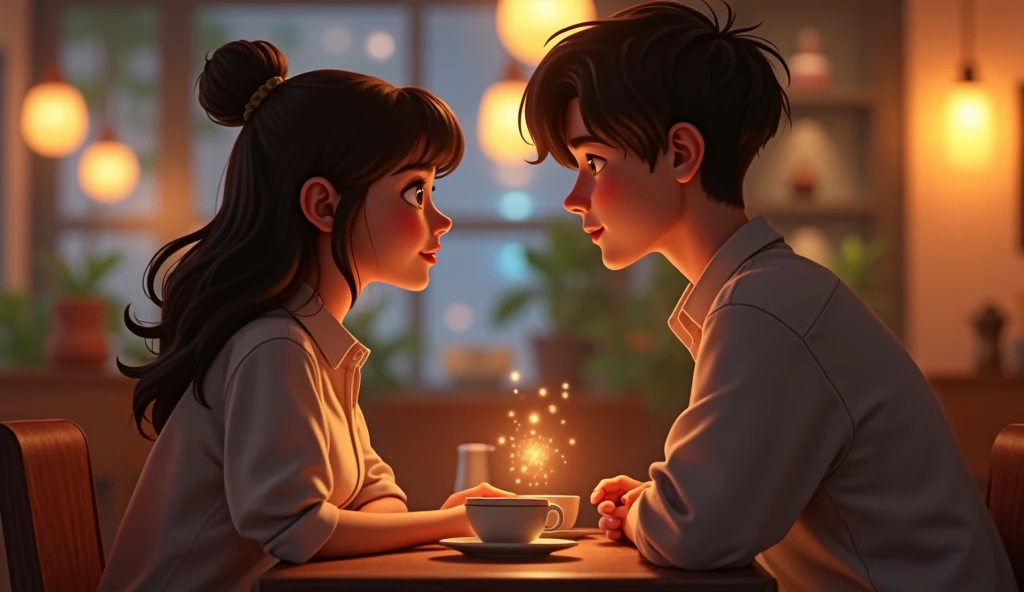 A quiet, intimate corner of the event or a nearby café. The boy and girl sitting across from each other, their expressions shifting from surprise to emotional clarity. Flashbacks of their shared past play out as they talk.