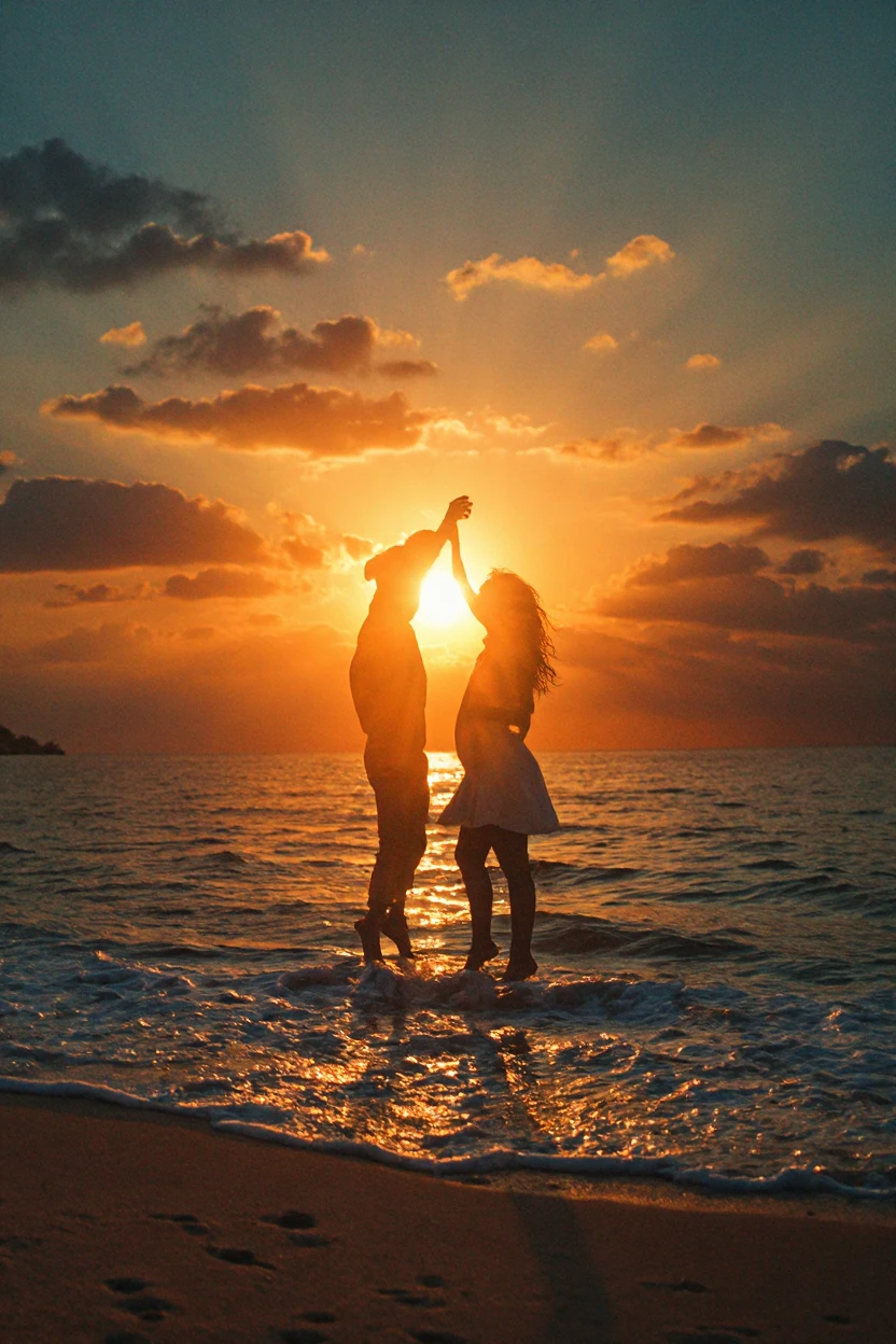 A couple  dancing in evening at beach. Where beautyful light ocean beach