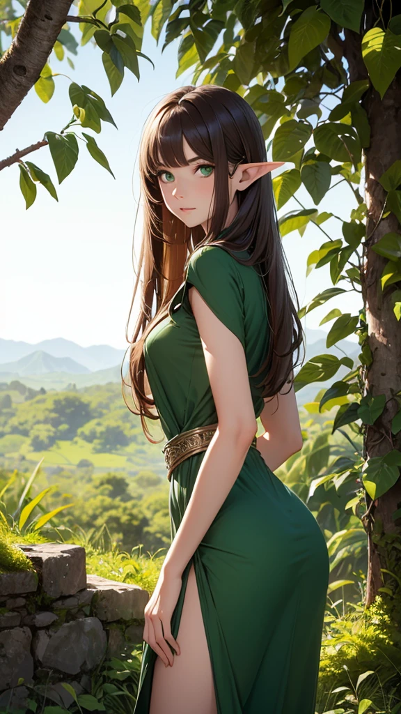 Ridiculous resolution, high resolution, (masterpiece:1.4), Hyper-detailing, 1 young woman, elf, perfect face, maroon small hair but longer on her right side, light blue eyes, small red heart printed on left cheek, rose on her head to the left, slim white dress with pink accents, medium boobs and butt, has white fluff on the elbows leading to the ground, is on a cliff, facing camera, mountains and elf city in the background