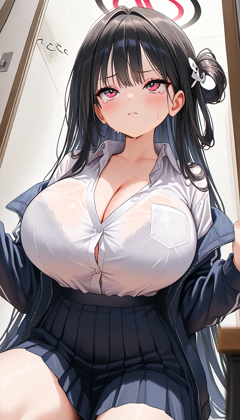(masterpiece）、（Best image quality）、（Very detailed）、（Very detailed）、4K、（8K）、Best image quality、（beautiful）, 1 Girl,Huge breasts、Thick thighs,Noise Reduction､Emphasis on the crotch､Breast Augmentation,(Black Pantyhose:1.2),The chest is exposed,(nsfw :1.3),(pubic hair:1.3),Sweating,(business suit:1.2),(Bukkake on thighs:1.2),(Eyes are hearts:1.2),(Sex slave:1.1)