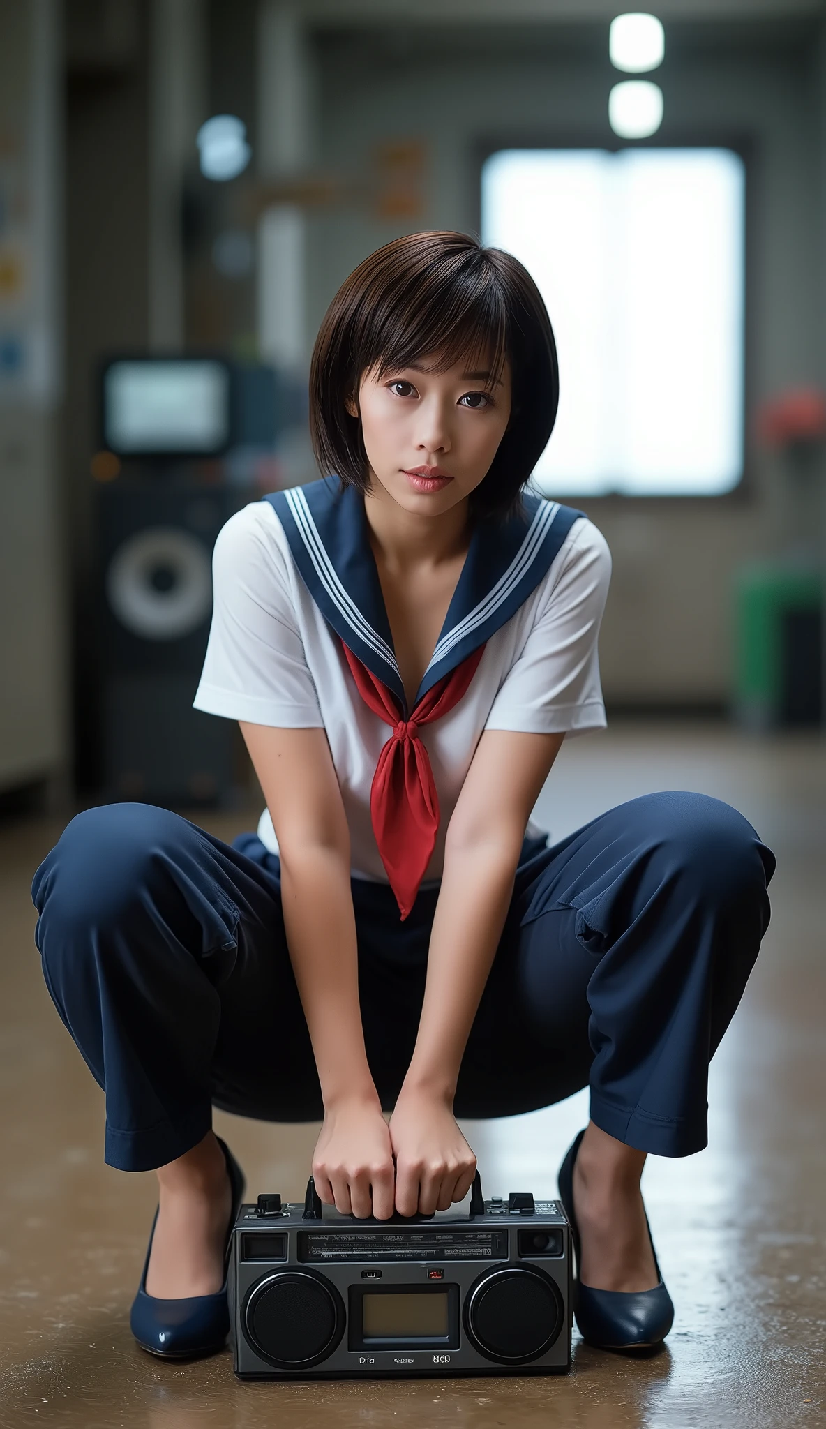 Realistic, (masterpiece, Highest quality:1.2), One girl, alone, sitting in a school chair, (Crossing your legs:1.3), School desk, classroom, Sailor suit, Sailor collar, Short sleeve, Red ribbon tie, Pleated mini skirt, Flat Chest, short hair,