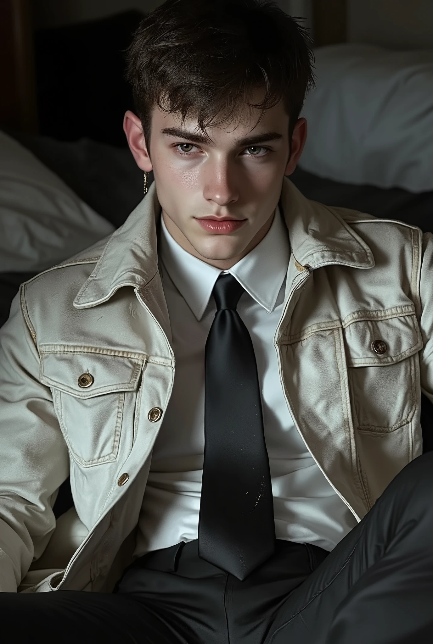 First person point of view, A handsome young man with short brunette hair, hazel eyes, On the bed, Sit-up position, wearing: The upper part of the outfit consists of a sharp mix of rugged and refined elements: a dirty white suede wrinkled zip-up jacket layered over a classic white dress shirt slightly open and a loose black tie. The contrast between the rugged texture of the jacket and the formality of the shirt-and-tie combo gives it a bold, fashion-forward edge with a touch of street-smart sophistication (masterpiece: 1.2), (best quality: 1.2), (very aesthetic: 1.2), (absurdres: 1.2), (detailed clothes: 1.2), (detailed eyes: 1.2), (EyesHD: 1.2), newest, intricate details, dark lighting, dramatic atmosphere, slightly high angle, chiseled chest.