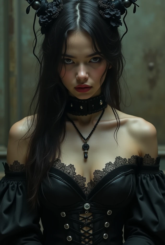 18-year-old girl in sexy gothic look models in an old Victorian dungeon,arms chained to the walls,highly erotic, BDSM,strap holders, strapse, corset