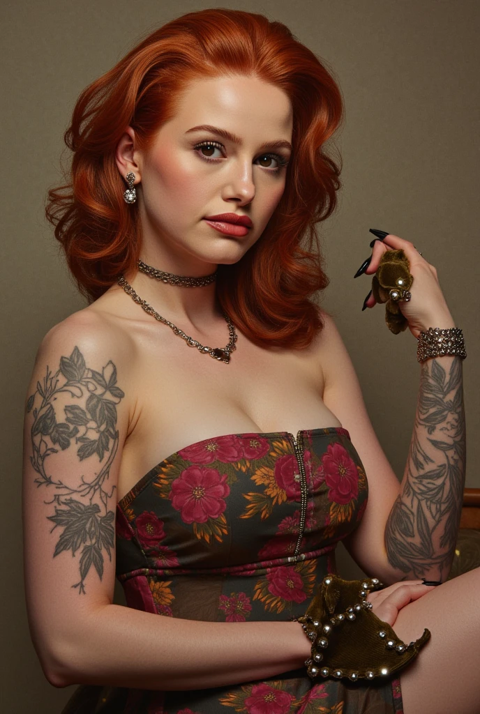 a sexy gothabilly woman with red hair, full red lips, detailed neo-traditional tattoos, wearing a very sexy black dress, full body shot, 50s style, in a retro billard room, with skull decor, highres, 8k, photorealistic, intricate details, lumière tamisée, moody atmosphere, vivid colors, dramatic poses