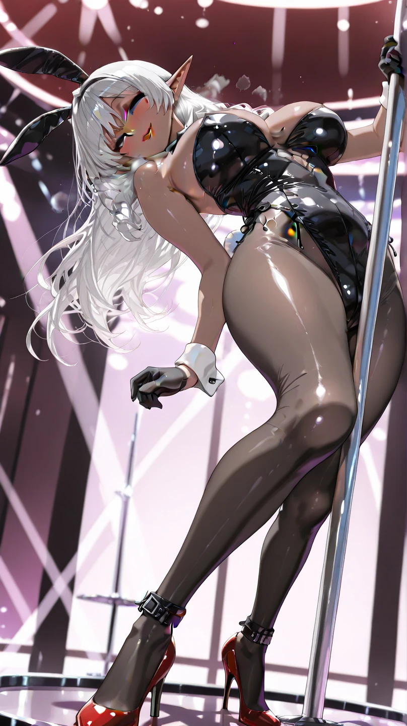 close shot of an attractive and alluring female dancer on stage, sexy pose, pale beauty, slim, fit, hourglass figure, artistic, night club, neon lights, high contrast (insanely detailed, beautiful detailed face, masterpiece, best quality)