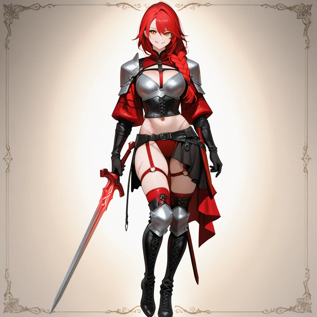 (Meisterwerk, top quality, Best quality, Offizielle Kunst, beautiful and aesthetic:1.2), (1 girl:1.3), ((sharp facial features, Scharfe Funktionen, Restriktive Merkmale)), ((Blaue Augen)), busty brunette paladin knight girl, extrem detailliert, portrait, Betrachter betrachten, Allein, (Full body:0.6), detailed Hintergrund, Full bodyaufnahme, (warmes Bergwiesenthema:1.1), heiliger Ritter, (nun), Scharlatan, Grinsen, geheimnisvoll, in den Bergen schwanken, armor, poliertes Metall, Goldbesatz, lange Stiefel, white colored fabric, Beckenvorhang, robe, helles Leder, ((((nun, greatsword, Corona, heilige Aura, heavy armor, armored, Lange Beine, Beckenvorhang, tinted, muscular)))), Schlanke Taille, slim hips, Lange Beine, mittelalterlich (Mountain outside:1.1) Hintergrund, dark geheimnisvoll lighting, Schatten, magical atmosphere, dutch angle