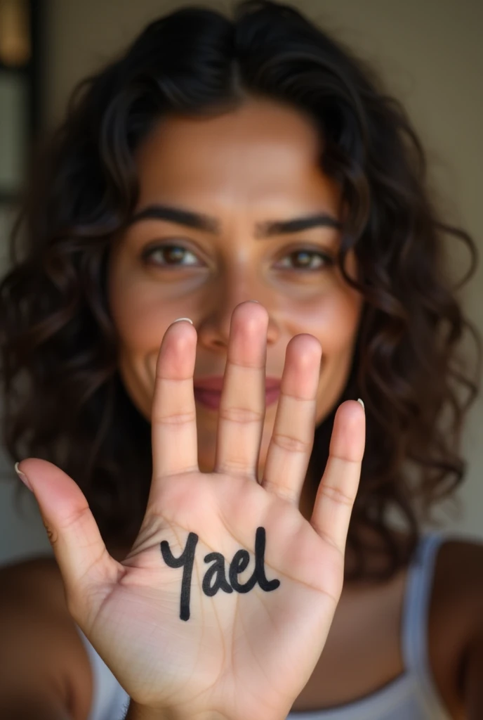 Selfie of an Iranian girl with black eyes and eyebrows, tanned skin, black hair, green crop and a sexy body written on her palm by puskar himself.