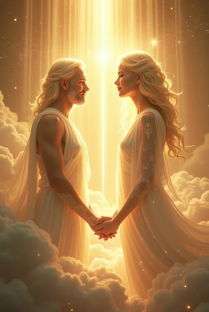A two gods falling from the Stormy sky and reaching for each other to hug but almost did, the girl has grey eyes and white hair while wearing GREYISH Clothes, and the guy has blonde hair and blue eyes, face like an angel and wearing white toga and gold, he looks young and stunning. He doesn't have a beard he just have a CLEAN look.