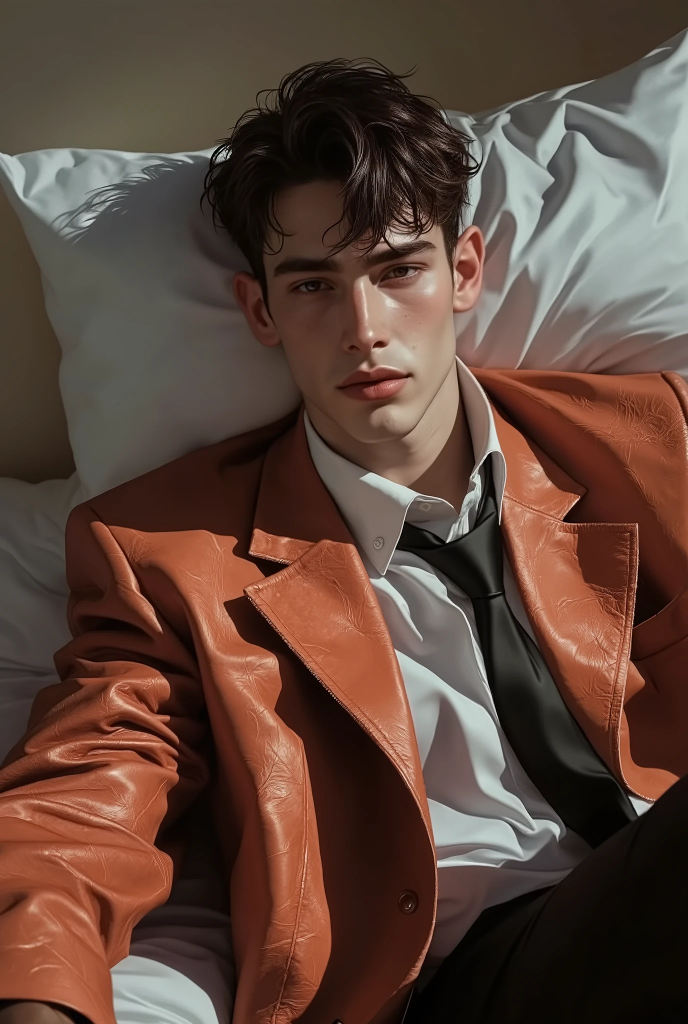 First person point of view, A handsome young man with short brunette hair, hazel eyes, On the bed, Sit-up position, wearing: The upper part of the outfit consists of a sharp mix of rugged and refined elements: a royal peach suede wrinkled zip-up jacket layered over a classic white dress shirt slightly open and a loose black tie. The contrast between the rugged texture of the jacket and the formality of the shirt-and-tie combo gives it a bold, fashion-forward edge with a touch of street-smart sophistication (masterpiece: 1.2), (best quality: 1.2), (very aesthetic: 1.2), (absurdres: 1.2), (detailed clothes: 1.2), (detailed eyes: 1.2), (EyesHD: 1.2), newest, intricate details, dark lighting, dramatic atmosphere, slightly high angle, chiseled chest.