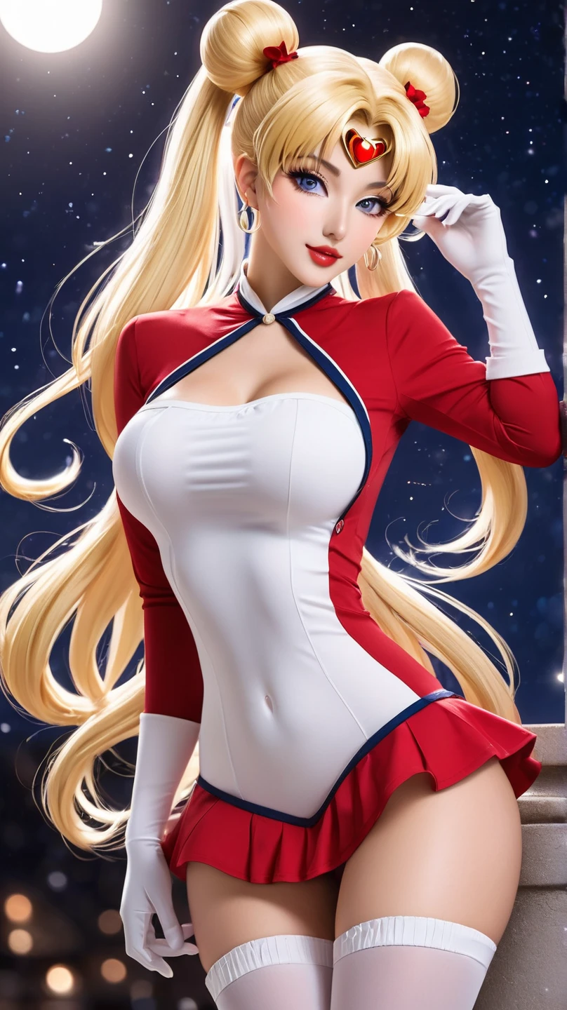 (masterpiece, best quality, ultra detailed, absurdness)1.5, 1girl, (sexy, beautiful woman, perfect face, perfect eyes, perfect female body, huge breasts)1.5 (usagi, double bun, twin tails, parted bangs, circlet, jewelry, earrings, choker, red bow, white gloves, elbow gloves, blue skirt, red boots with white trim) (standing on a rooftop, Japanese city in background, night sky, moonlit), perfect lighting, smooth, hud, fionafrostlora (RAW photo, best quality) (realistic, photo-realistic:1.4) blonde hair