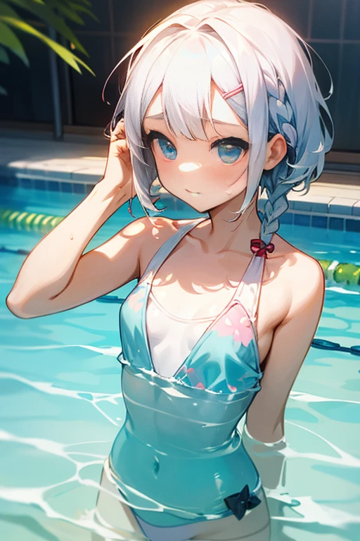 ((Embarrassing)), ((Put your hands on your chest)), ((Slouched)), 1 Whole body of a girl, elvish, ((silber hair)), Red Eyes, bob cuts, Braided hair, ((School swim wear)), One Piece Swimsuit, Outdoor pool, slim figure, speculum, gender change, concept-art, beautiful anime scene, Beautiful anime scenery, top-quality, masterpiece