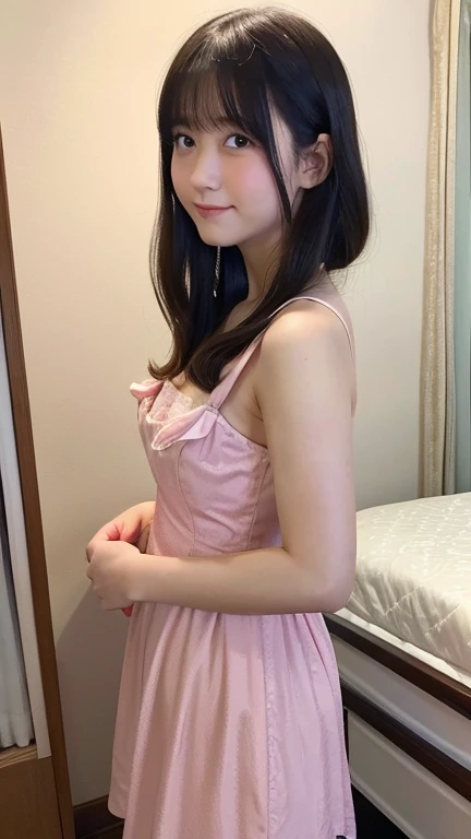Best-quality, Masterpiece, Ultra-High-Resolution, (Photorealistic:1.4), Raw-Photo, at hotel-room, 1girl, 15-years-old, the most famous Japanese idol, wearing only extremely see-through dress, (extremely cute face like the most popular Japanese idol), (extremely beautiful hair), (((extremely beautiful big-eyes))), extremely beautiful skins, extremely beautiful body, innocent-smile, looking at viewer, detailed see-through-dress