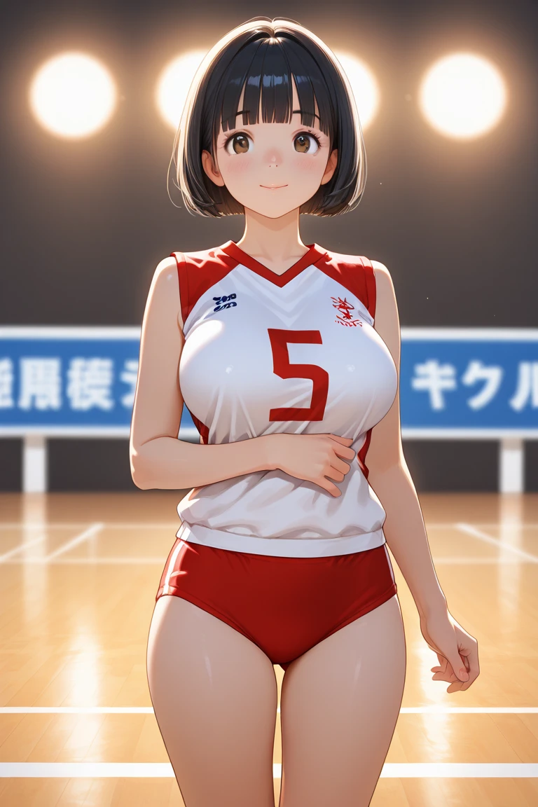 Masterpiece, Ultra quality, good lighting, shadows, perfect anatomy, posing, 1 girl, 21 years, mature girl, volleyball player, cute face, beautiful body, black medium hair, black eyes, seductive eyes,  volleyball uniform, background room, rear, breasts, Thighs, seductive, hot, spicy, NSFW,