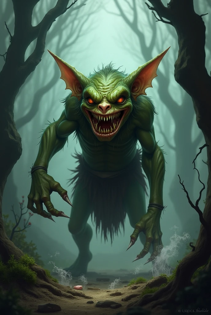 Demon goblin emerging from the earth, glowing eyes, roots covering body, night, forest, dead leaves and branches, moonlight, realistic, render, perfect