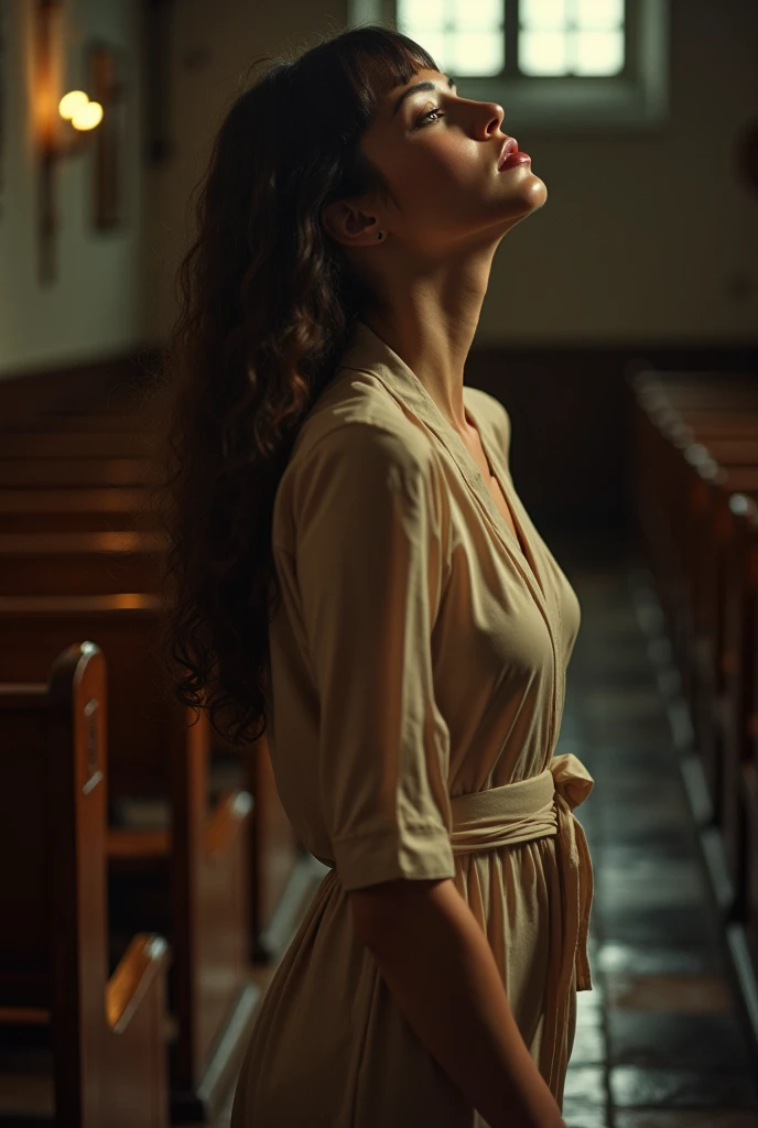8k (realisitic) ((real photografic)) A young woman wearing a long skirt and a ripped dress shirt , semi-naked and sitting on the church bench with her legs crossed, in an old, abandoned church
