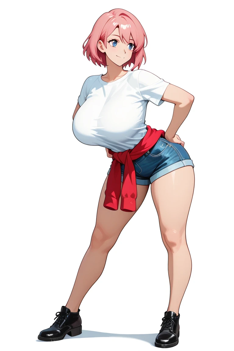 masterpiece, Highest quality, de whitney, Pink Eyes, hair ornaments, topless, Blue shorts, Wristband, (Very large saggy breasts:1.5), Conceit, View your viewers, Put your hands on your hips, Raise your hand, Striped socks, sneakers, ruins, wood, Grass, nsfw