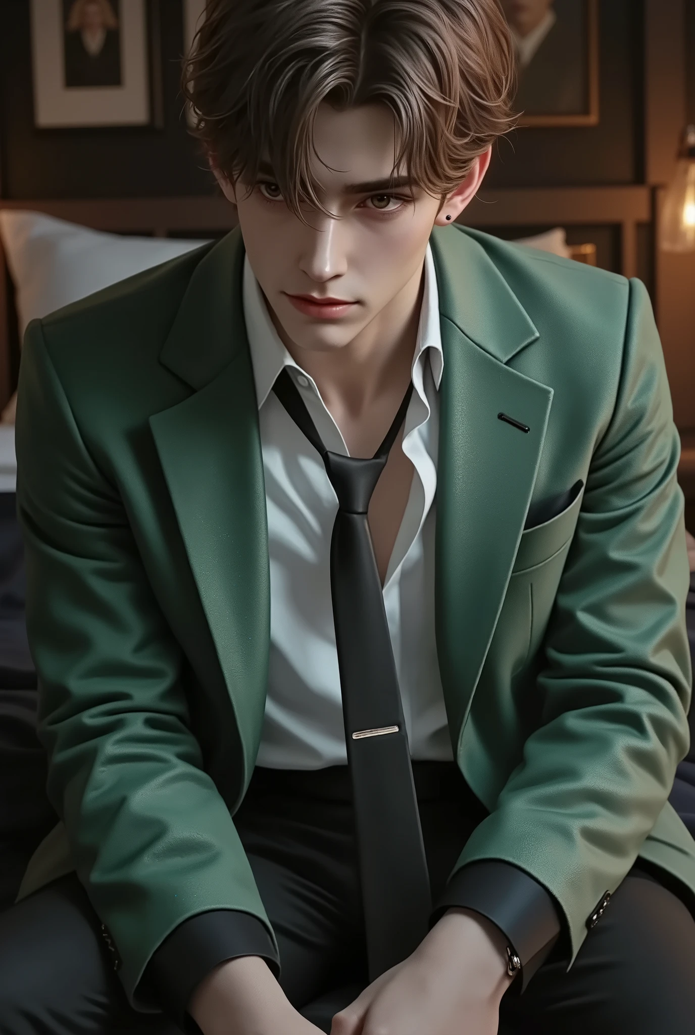 First person point of view, A handsome young man with short brunette hair, hazel eyes, On the bed, Sit-up position, wearing: The upper part of the outfit consists of a sharp mix of rugged and refined elements: a royale sage suede wrinkled zip-up jacket layered over a classic white dress shirt slightly open and a loose black tie. The contrast between the rugged texture of the jacket and the formality of the shirt-and-tie combo gives it a bold, fashion-forward edge with a touch of street-smart sophistication (masterpiece:1.2), (best quality:1.2), (very aesthetic:1.2), (absurdres:1.2), (detailed clothes:1.2), (detailed eyes:1.2), (EyesHD:1.2), newest, intricate details, dark lighting, dramatic atmosphere, slightly high angle, chiseled chest.