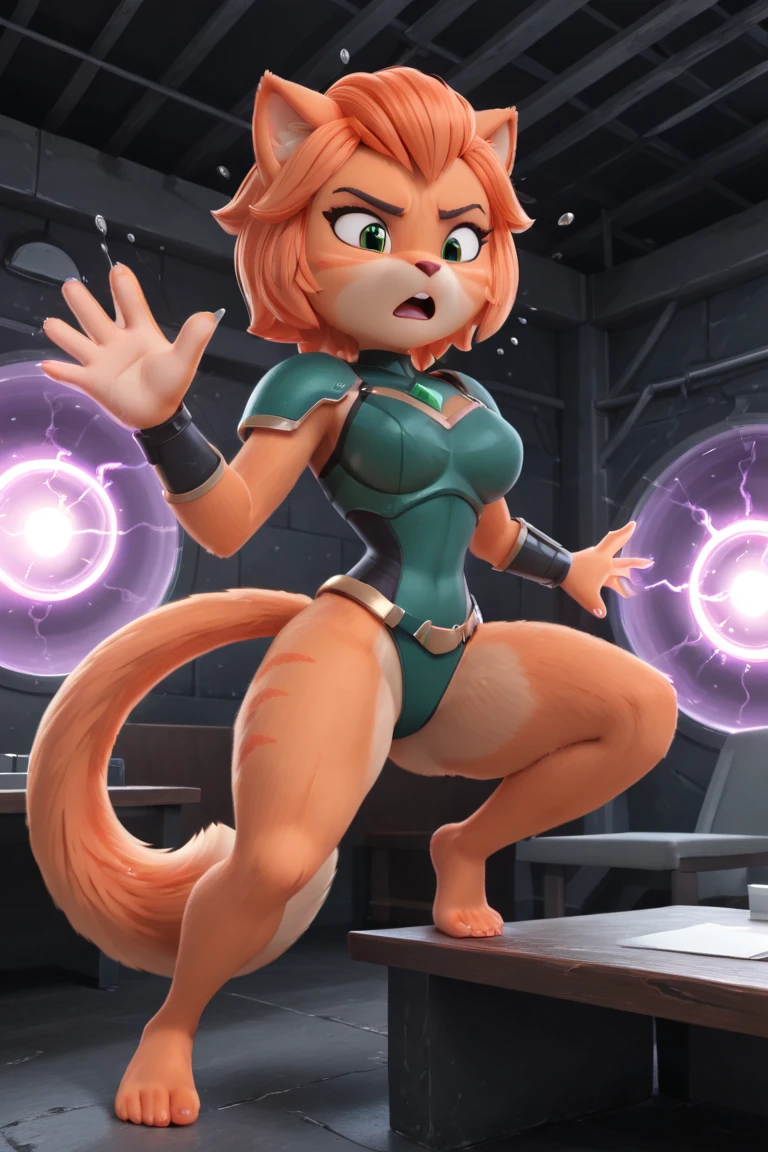 score_9, score_8_up, score_7_up, score_6_up, score_5_up, score_4_up, source_anime, kemono style, Anthro, starfire from teen titans, she is an Anthro furry orange tabby cat girl, pink nose, orange cat ears, orange tabby cat tail, whiskers, floating, hands glowing green, floating, purple latex outfit, tall, hourglass figure,