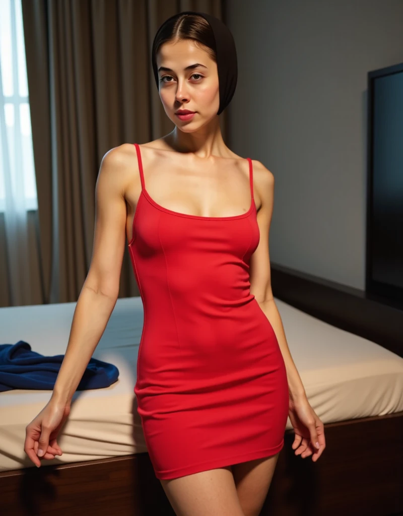 woman with bob haircut in RED dress