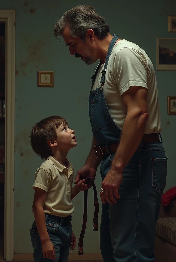 5-year-old boy sees in a very large mirror his reflection of the future, large and muscular and full of scars
