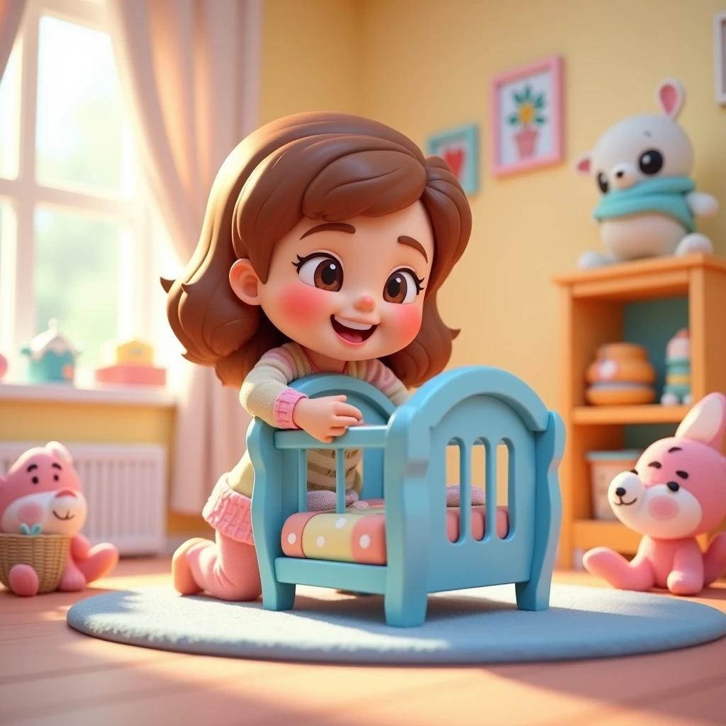 Imagem em formato desenho da Pixar, She is a newborn baby and very intelligent, She's outgoing, Brincalhona e levanta-se para um monte de coisas. Cabelo castanho claro penteado para o lado(Not a lot of hair) e olho verde, usando fantasia da mulher maravilha. Background environment of a baby's room with several colorful toys and birthday balloons. The yam needs to look like a Pixar animation and have the text "seguir" And also "Disney Pixar Studios