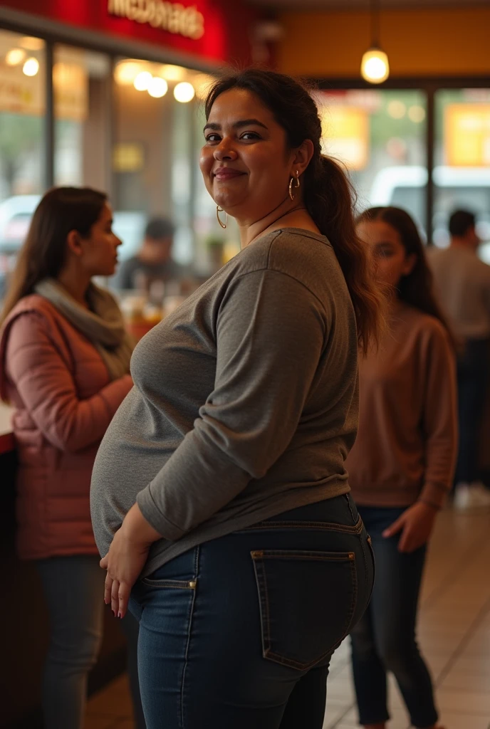 Your POV is shopping with your pregnant plus size stepmother at a supermarket.. fisheye camera view, iphone camera style. HD, realface, cinematic